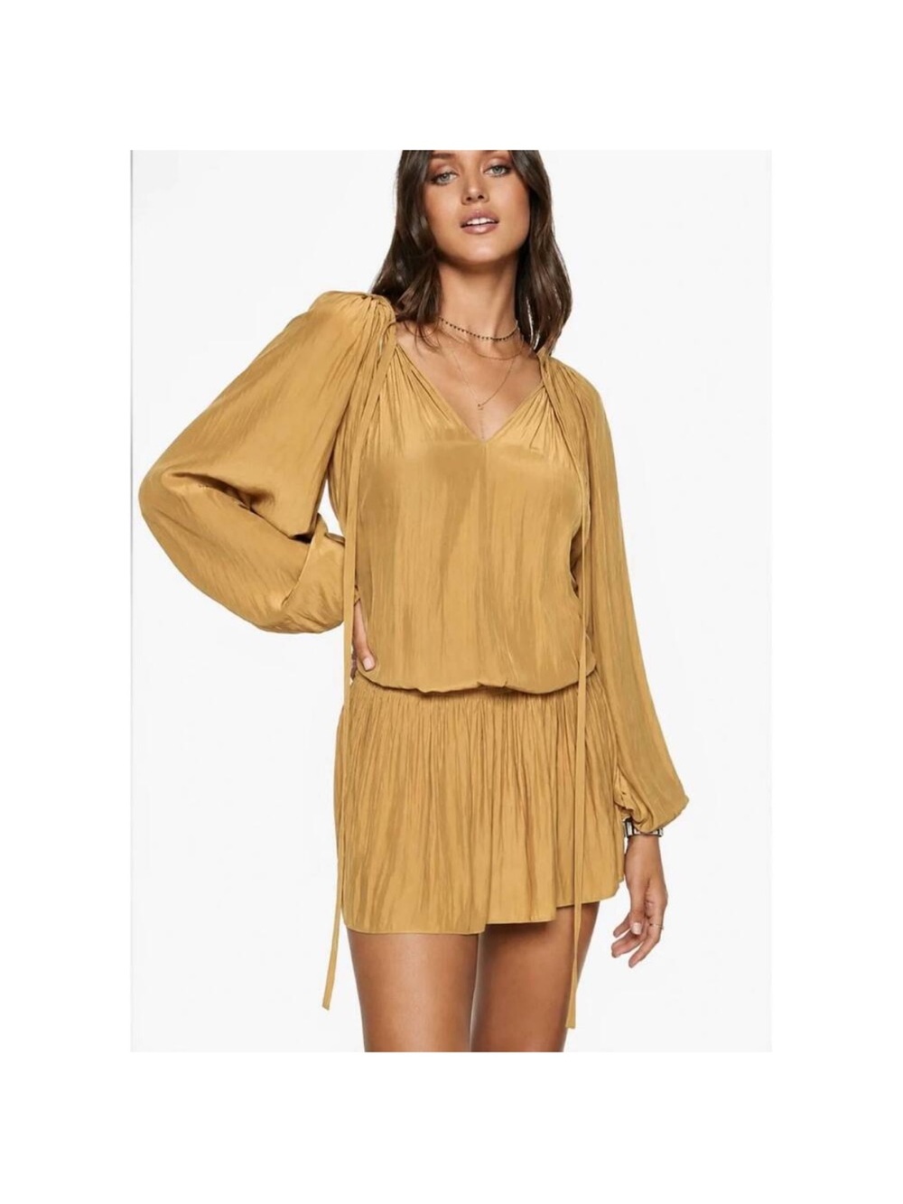 Ramy brook Light Mustard Long Sleeve V-Neck Smocked Waist Dress
